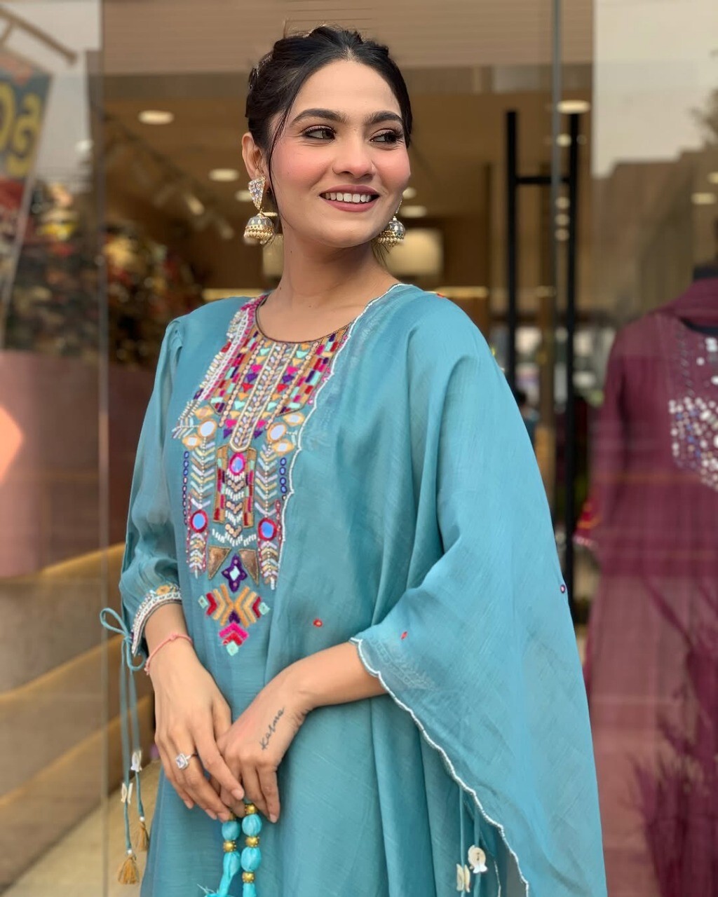 Indian Women Chanderi Silk Anarkali Kurta Pant Dupatta Set Kurti Salwar Kameez