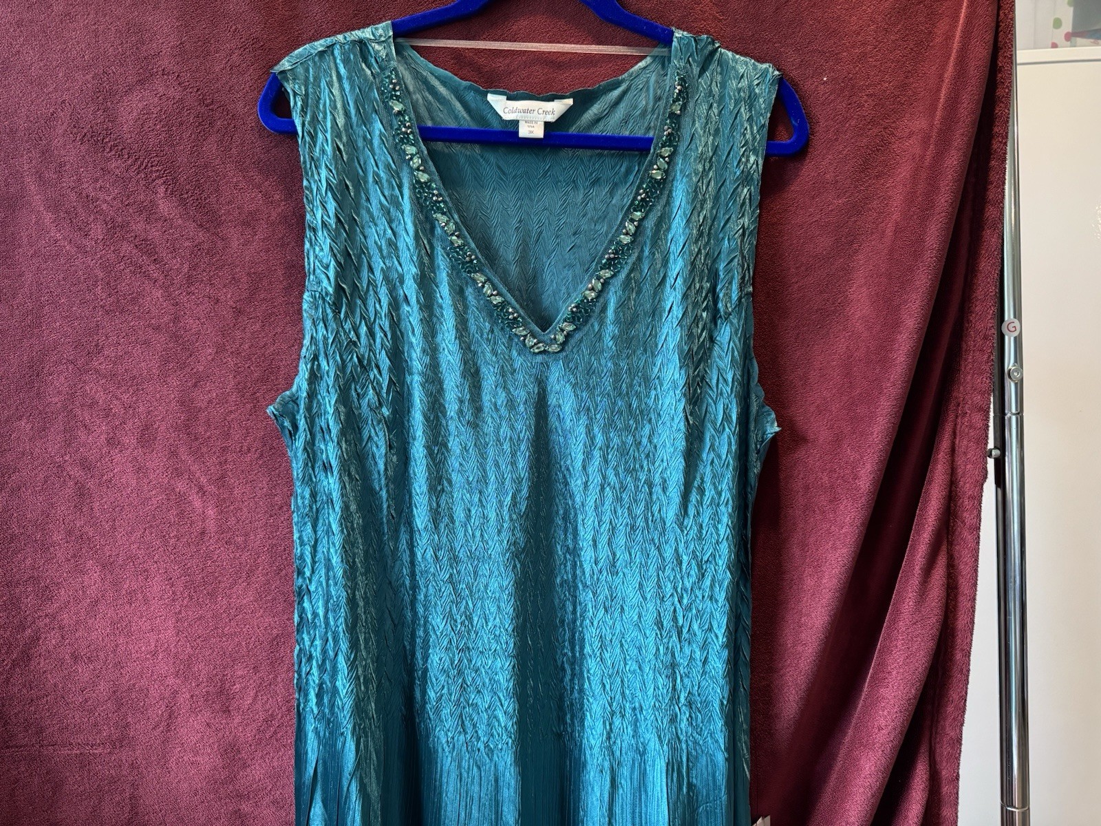 Komorav Green Satin Silk Beaded V-Neck Sleeveless Tiered Maxi Dress 3X