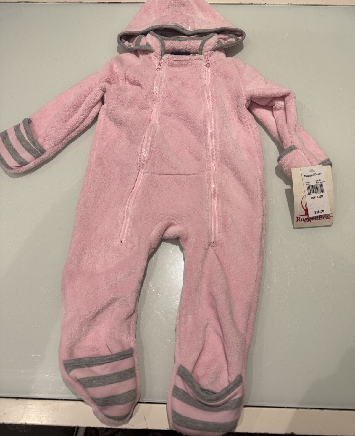 NWT Rugged Bear Hooded Sherpa Coverall, Size 9-12 months, pink foam $38.00