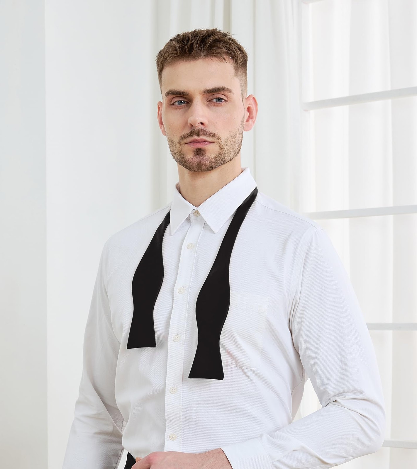 Mens Black Solid Self Bow Tie Jacquard Woven Silk Bow Ties