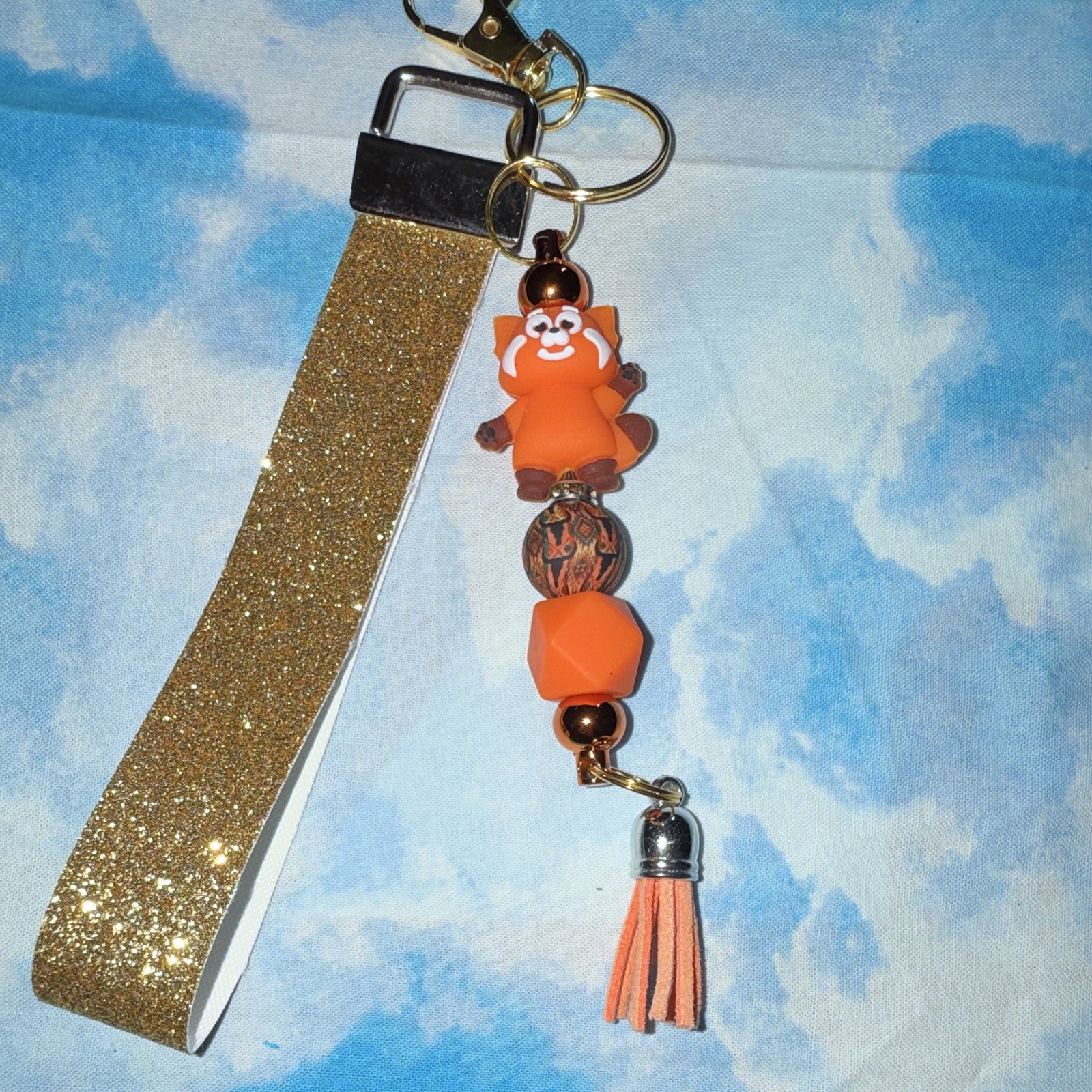 Gold Glitter Strap Red Panda Beaded Tassel Key Chain/Bag Charm w/Keyring