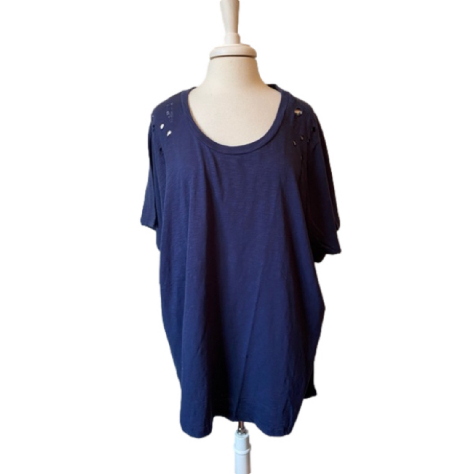 Roman’s NWOT Navy Ripped Edgy Grunge Scoop Neck 100% Cotton Casual T-Shirt 3X