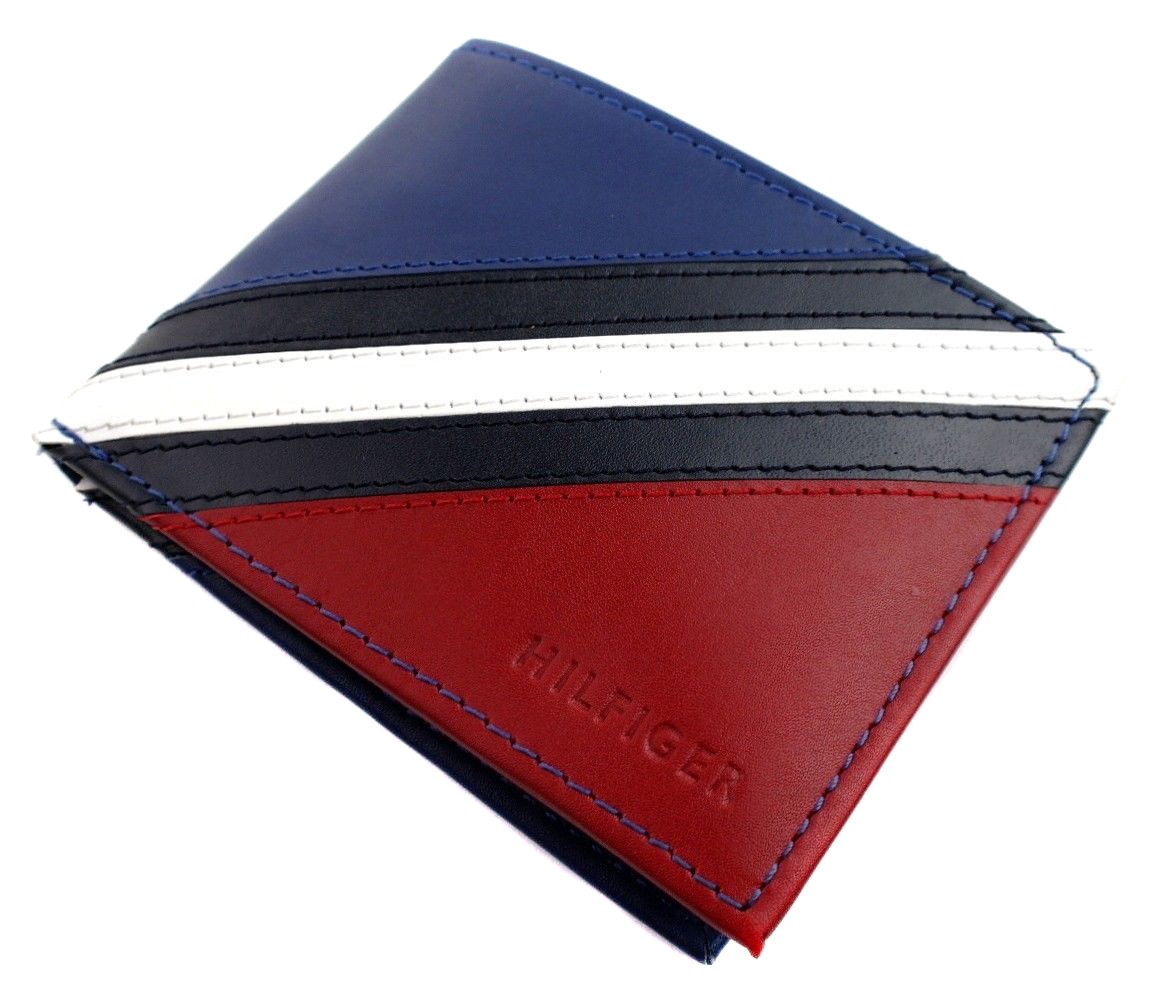 Tommy Hilfiger Men’s Leather Wallet Passcase Billfold Red Navy 31TL22X051