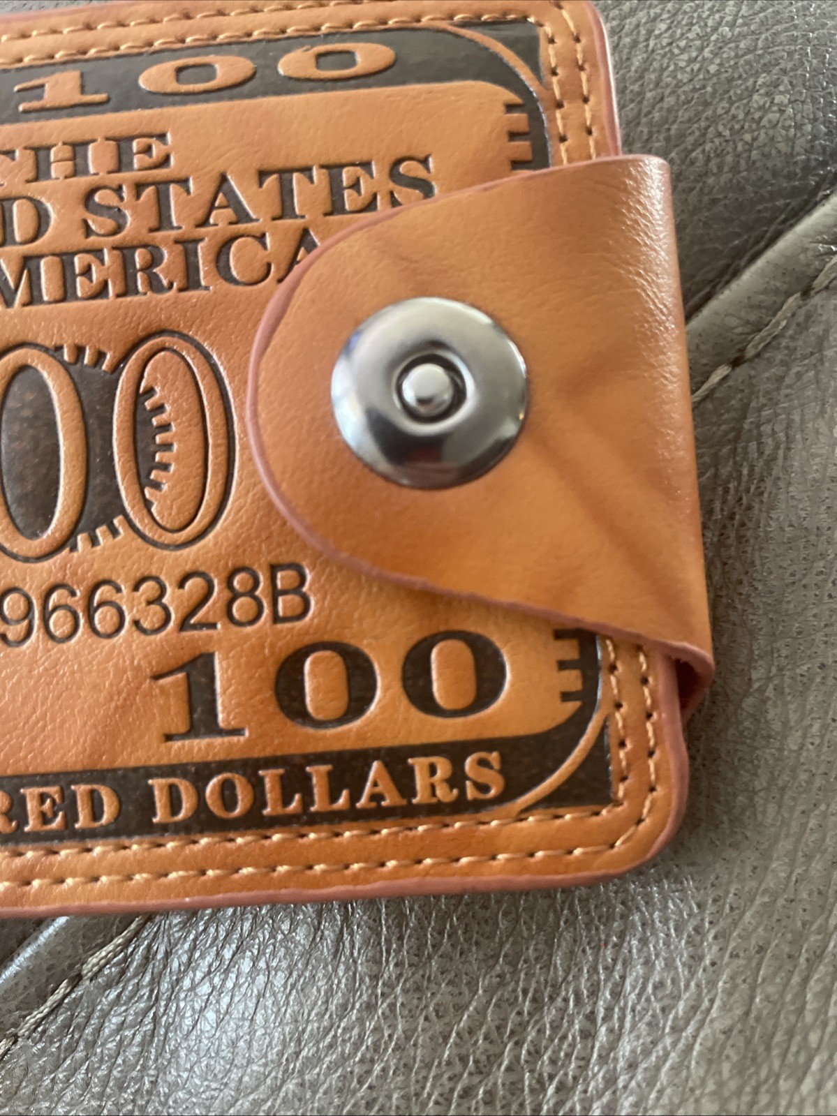 Mens Novelty $100 Bill Wallet Tan Faux Leather Bi Fold Snap Closure