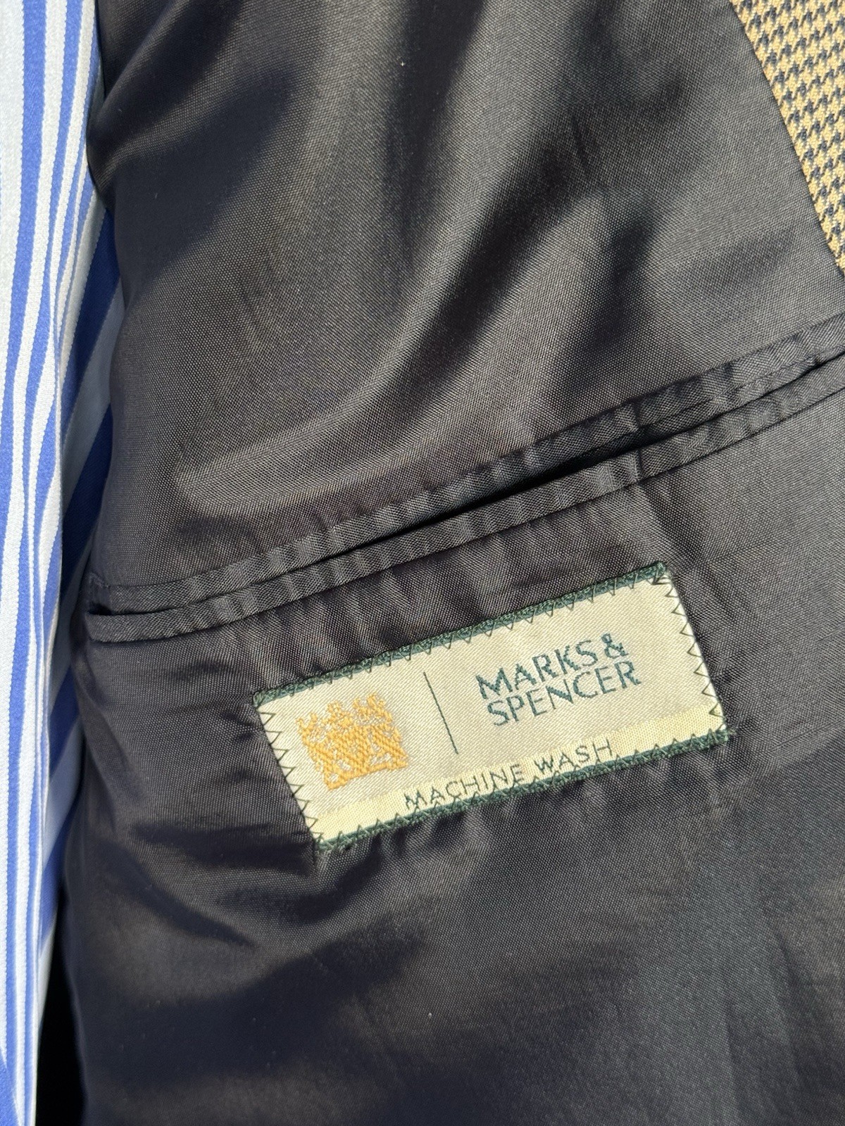 Vintage Men’s Marks & Spencer Houndstooth Blazer 44R Navy/Beige Machine Washable