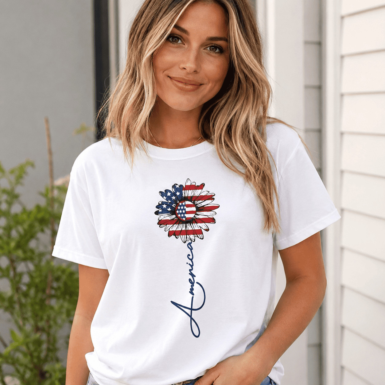 Patriotic USA Flag Sunflower Graphic Tee – America Script Floral Summer T-Shirt