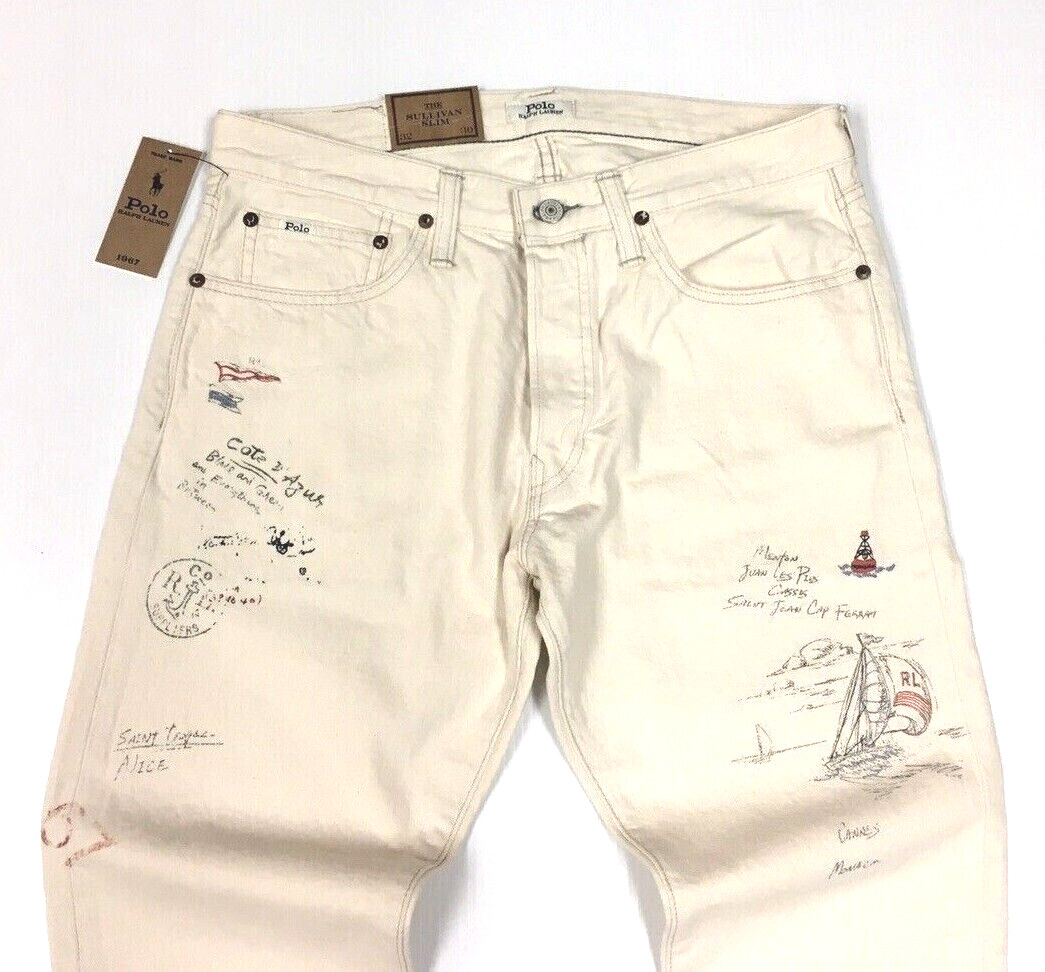 Polo Ralph Lauren Sailing Yacht Artist Artwork Pen Drawing Royal CP93 Slim Jeans