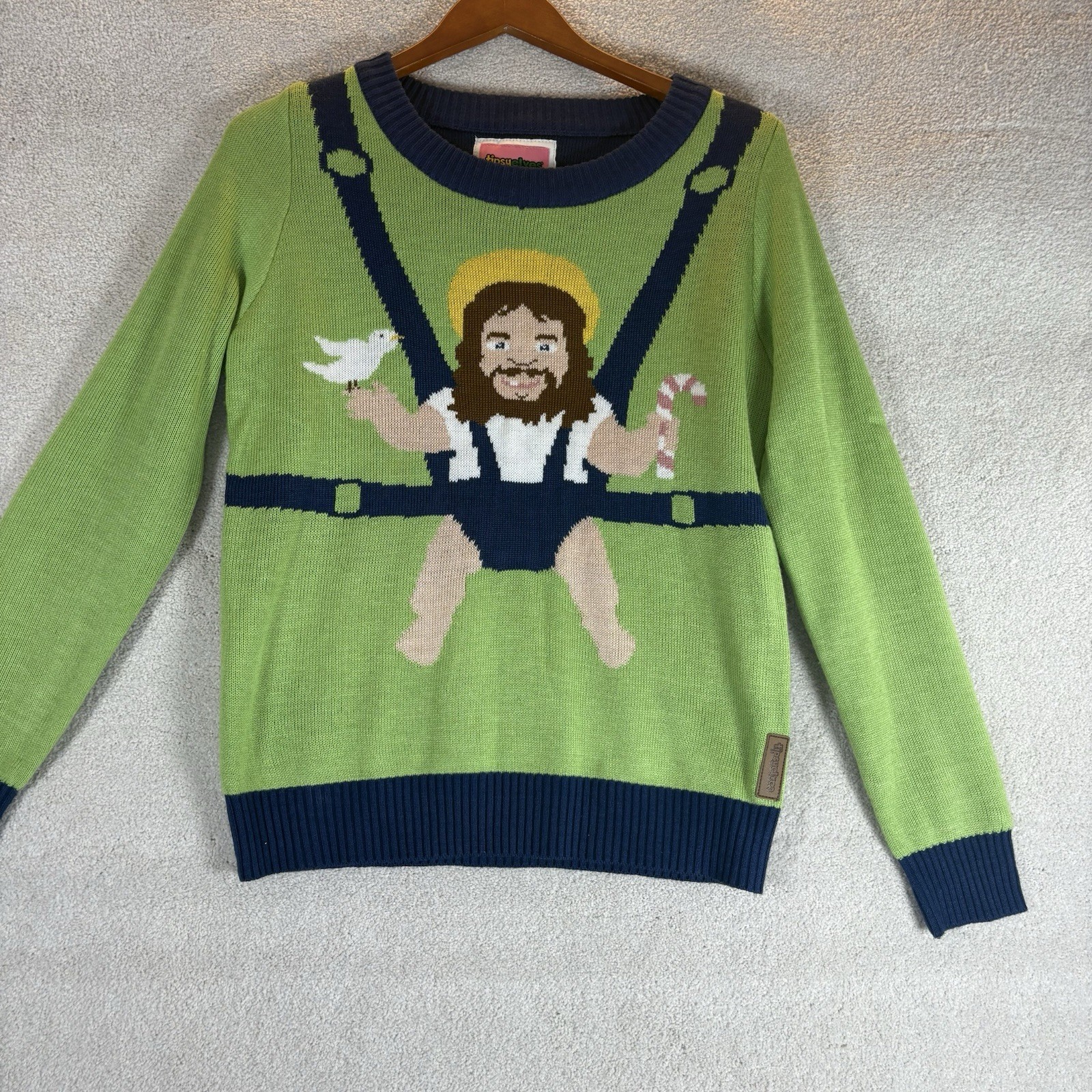 Tipsy Elves Sweater Mens Medium Green Blue Sweet Baby Jesus Christmas Crew Neck