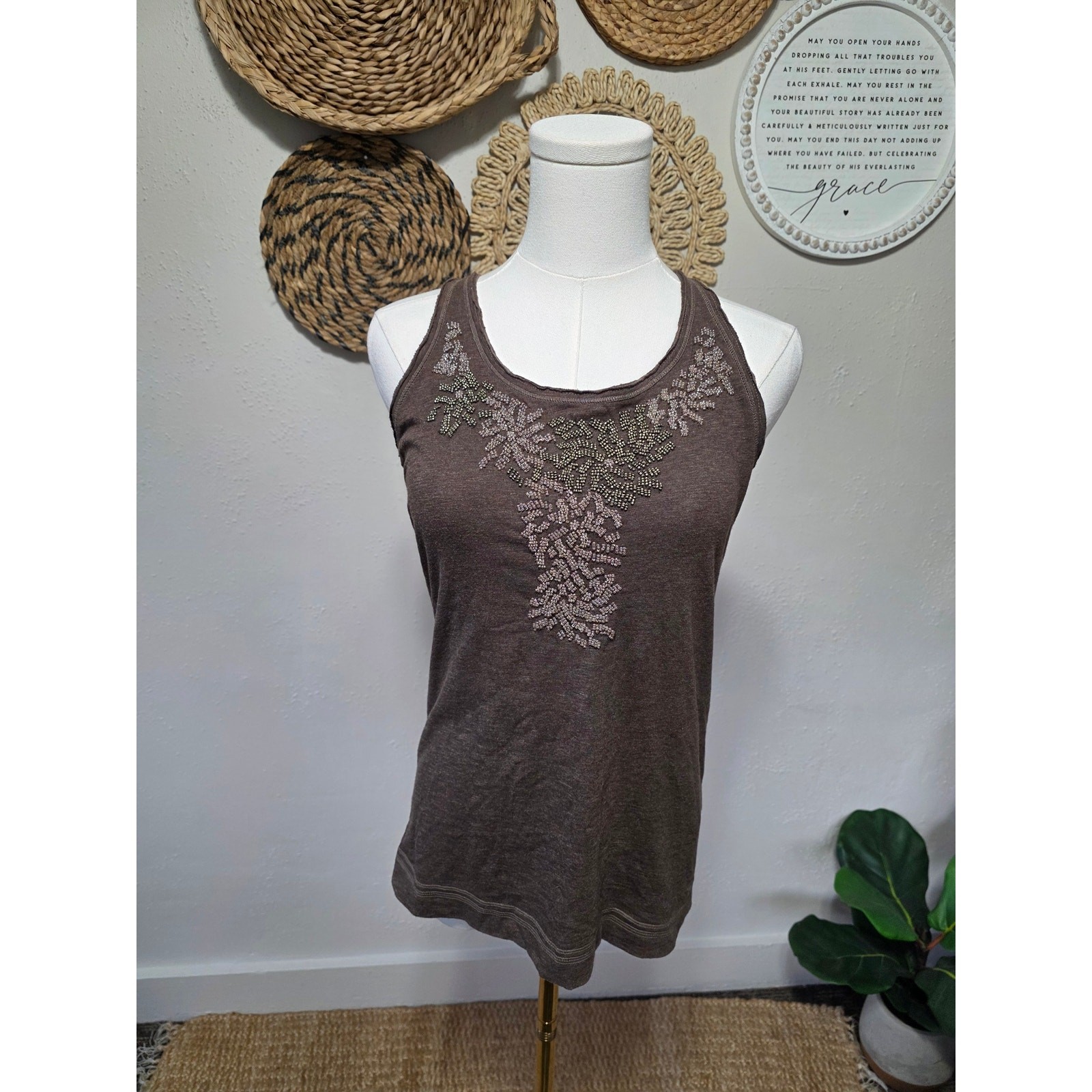 Vintage Abercrombie + Fitch Brown Beaded Y2k Tank Womens M Fairy Boho Festival