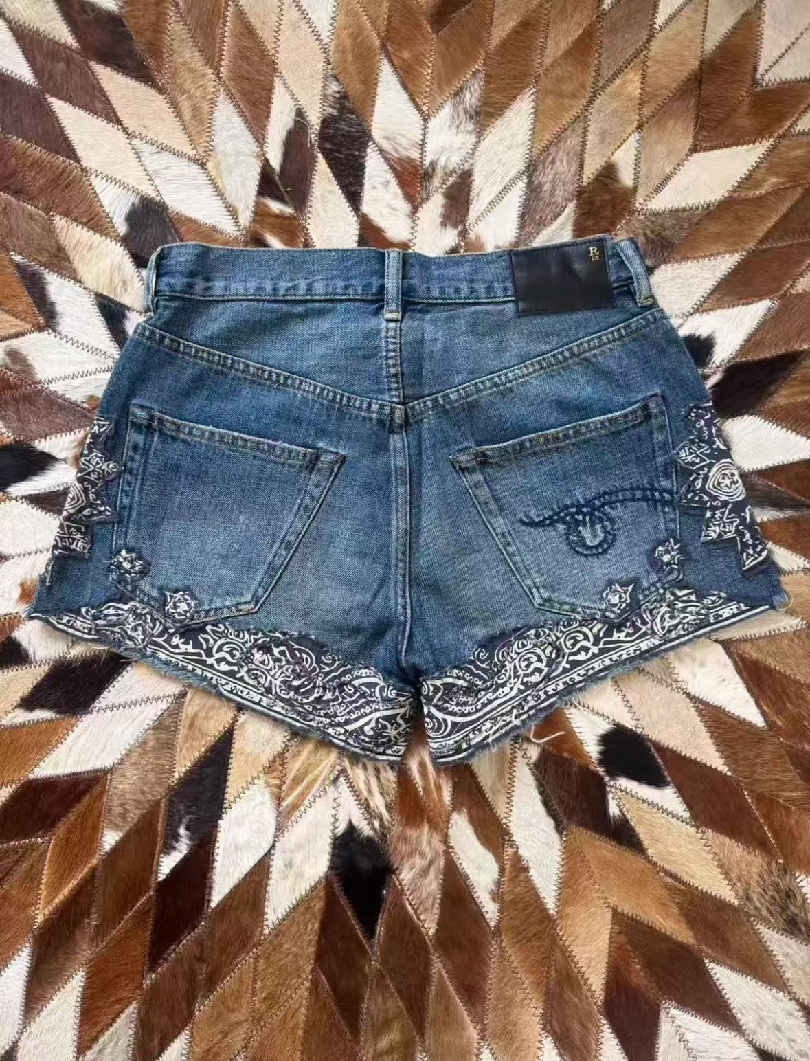R13 2026SS X-Boyfriend Short crushed blue bandana applique Size 24