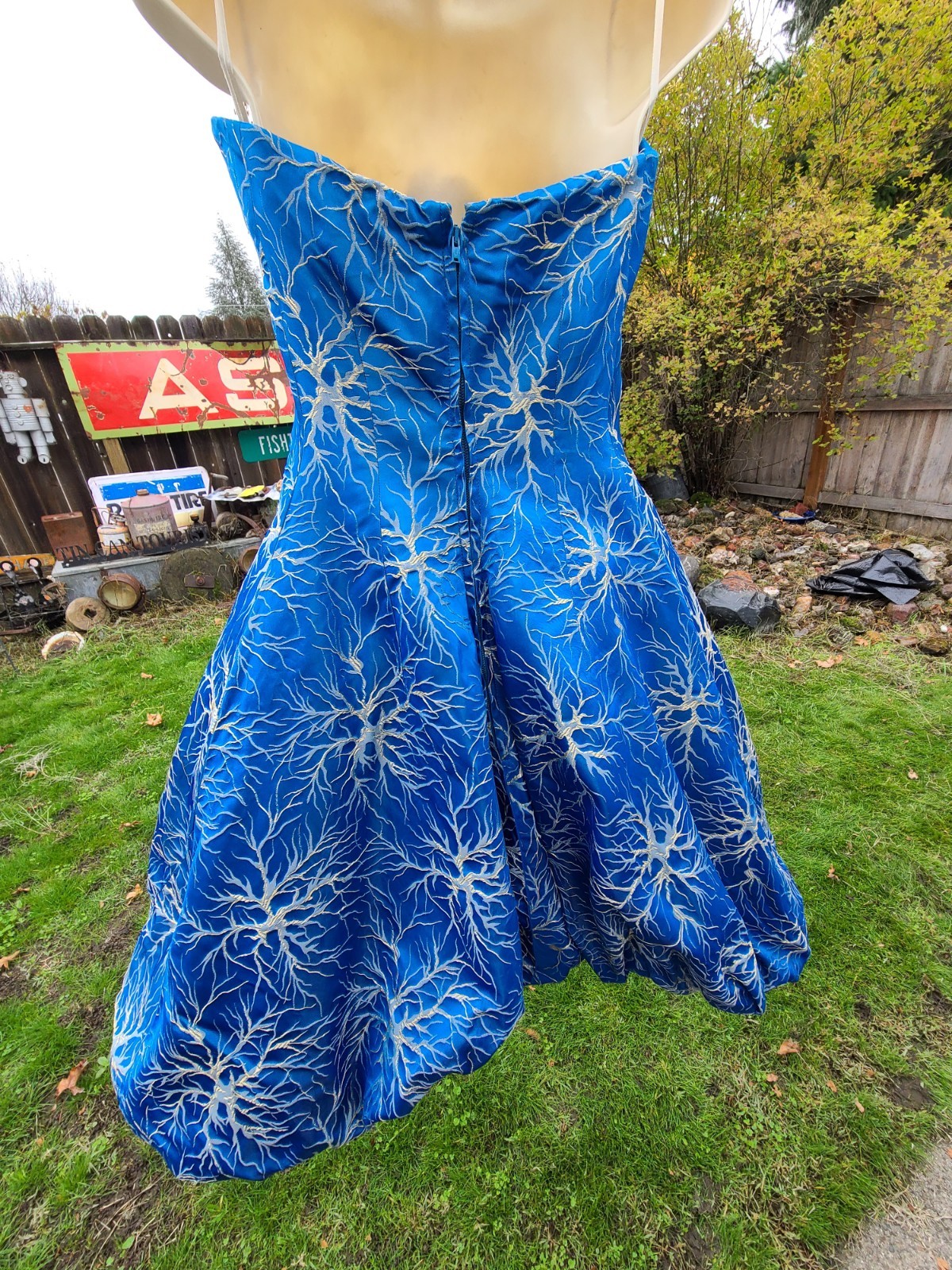 Rare VTG 50s FRANK USHER Blue Metallic Lightning/Branch/Neuron Jacquard Dress
