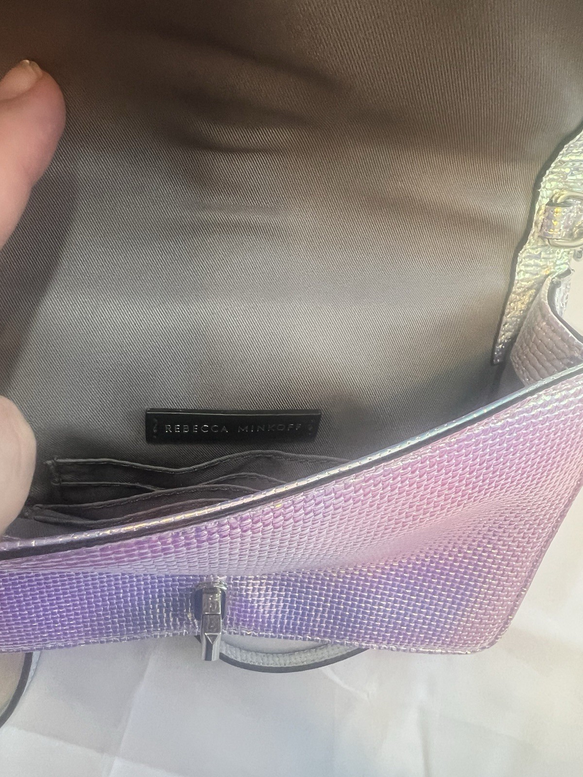 Rebecca Minkoff Iridescent Silver Crossbody Bag Turn Lock Chain Strap Detach