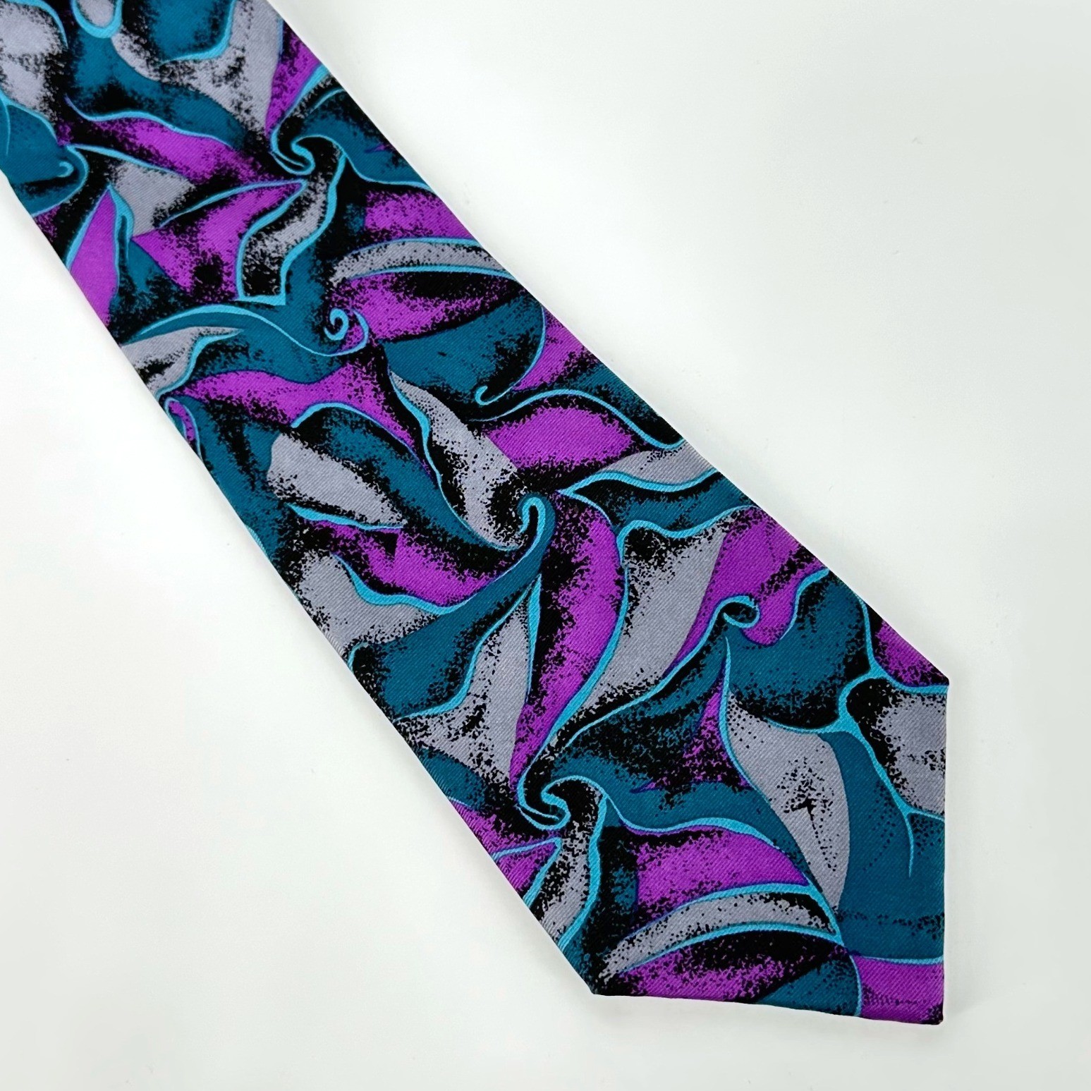 Vintage Chaps Ralph Lauren Mens 100% Silk Tie Abstract Swirl Purple Teal Gray