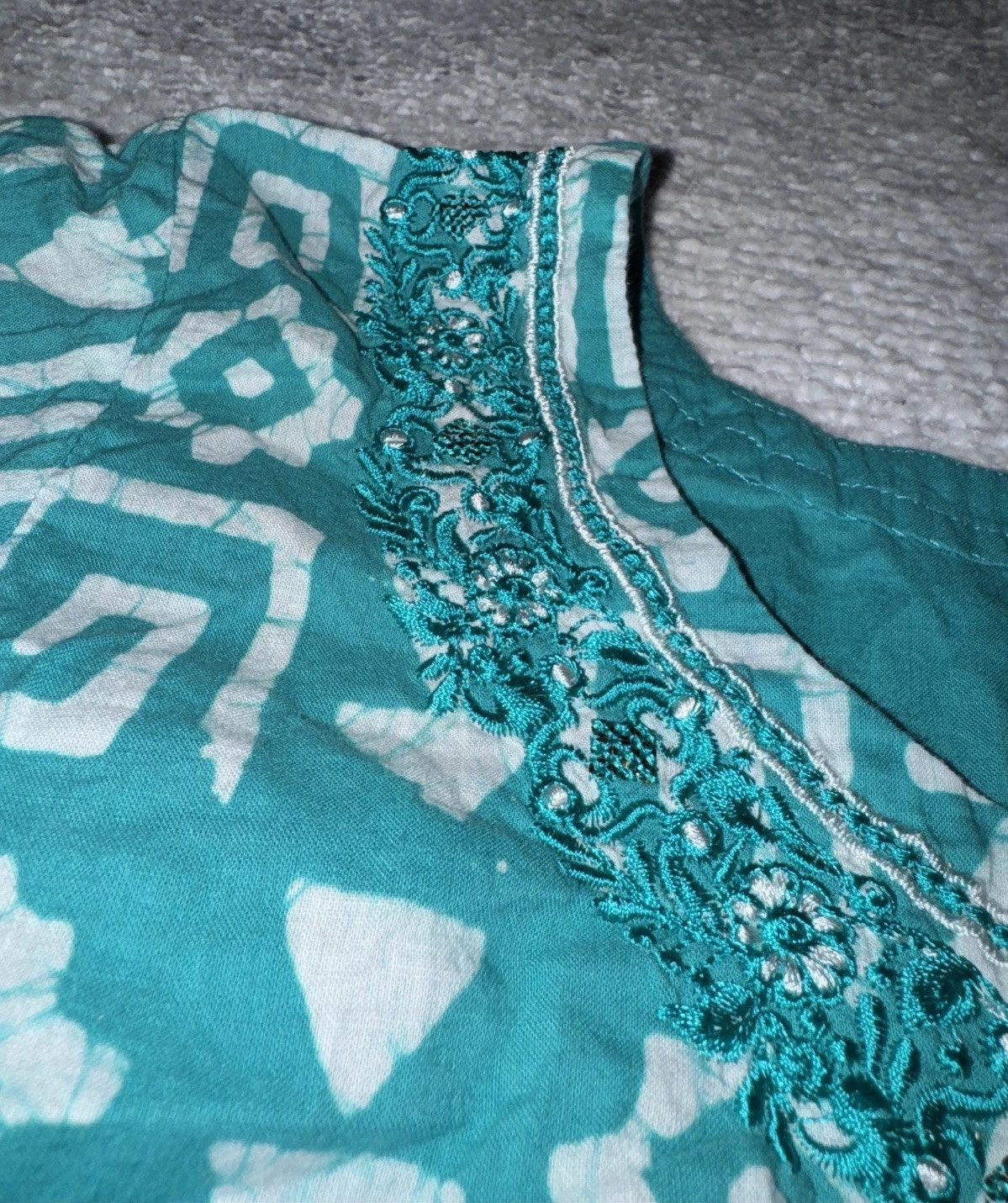 Handmade Green & White Tunic Kurta 3/4 Sleeve Flared Silhouette Pullover Dress