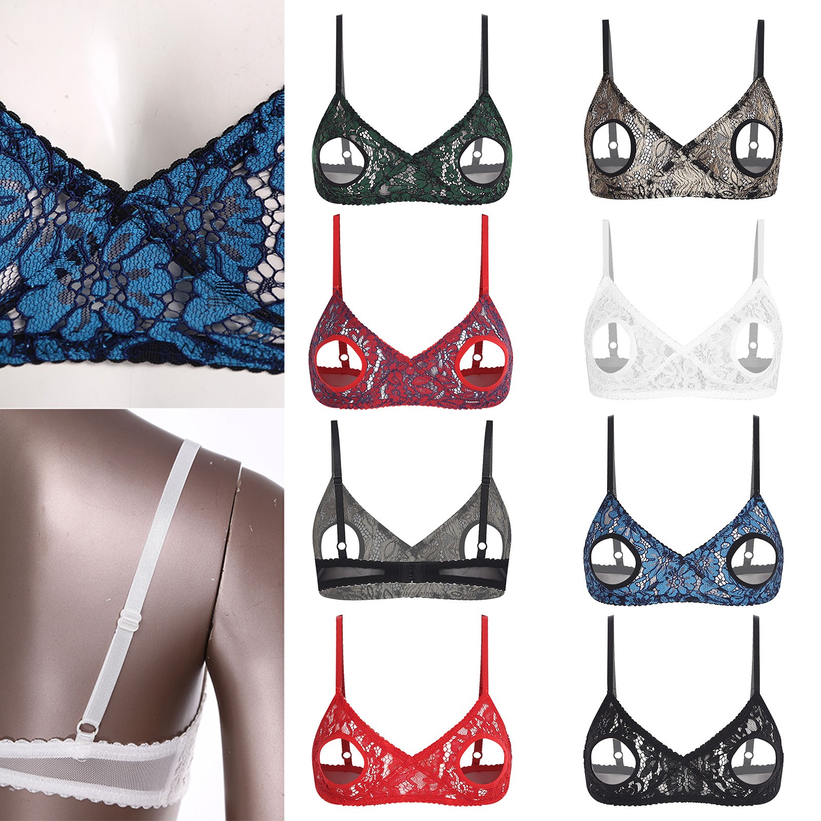 Women’s Lace Sheer Open Nipple Bra Underwear Wireless Plunge Bralette Hollow Bra
