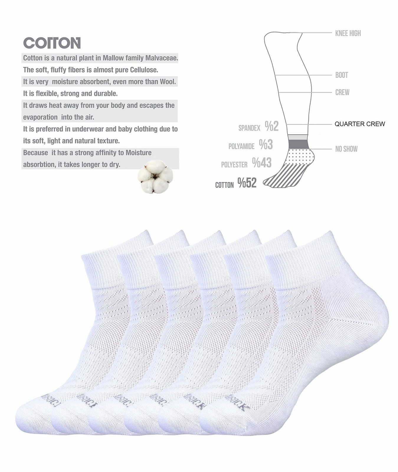 6 PAIR PREMIUM TURKISH COTTON ANKLE QUARTER CREW SOCKS WHITE