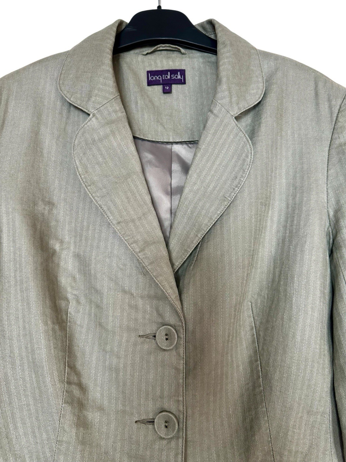 Long Tall Sally Olive Green 100% Linen Pinstripe Blazer UK 12 VGC Fully Lined