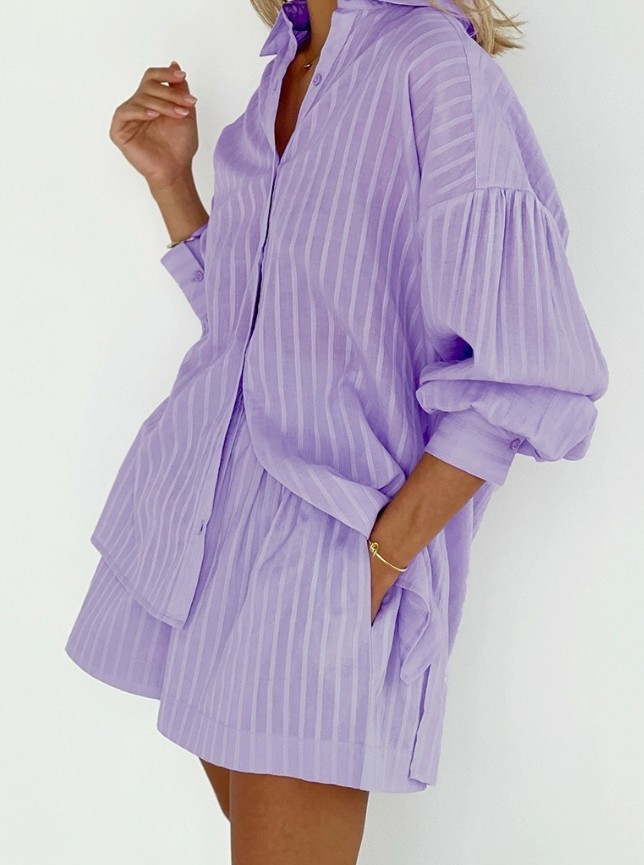 Women Striped 2 Piece Outfit Long Sleeve Button Down Shirt + Casual Short Set