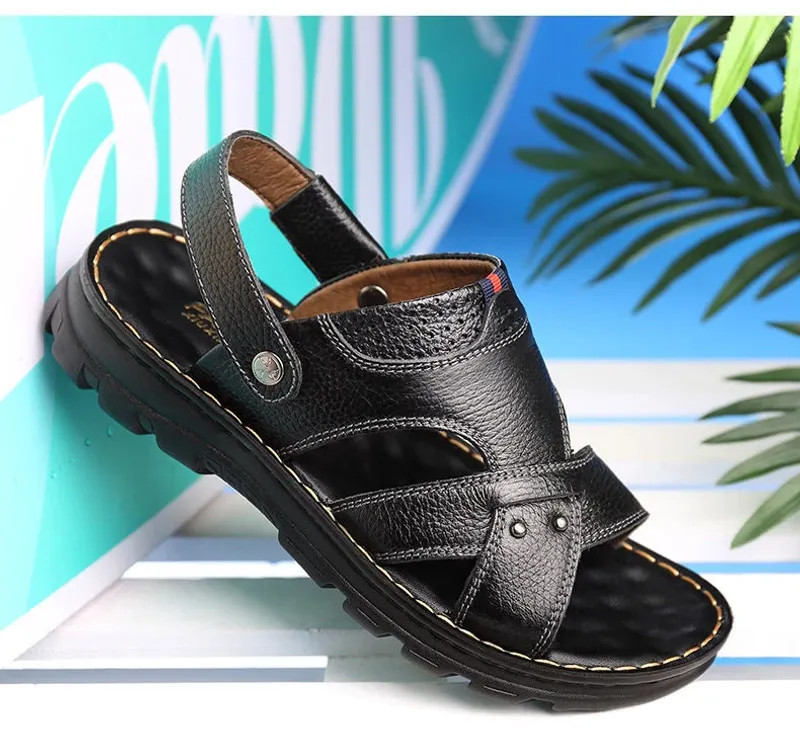 Summer Men Leather Sandals Genuine Leather Non-slip Men Shoes Slippers