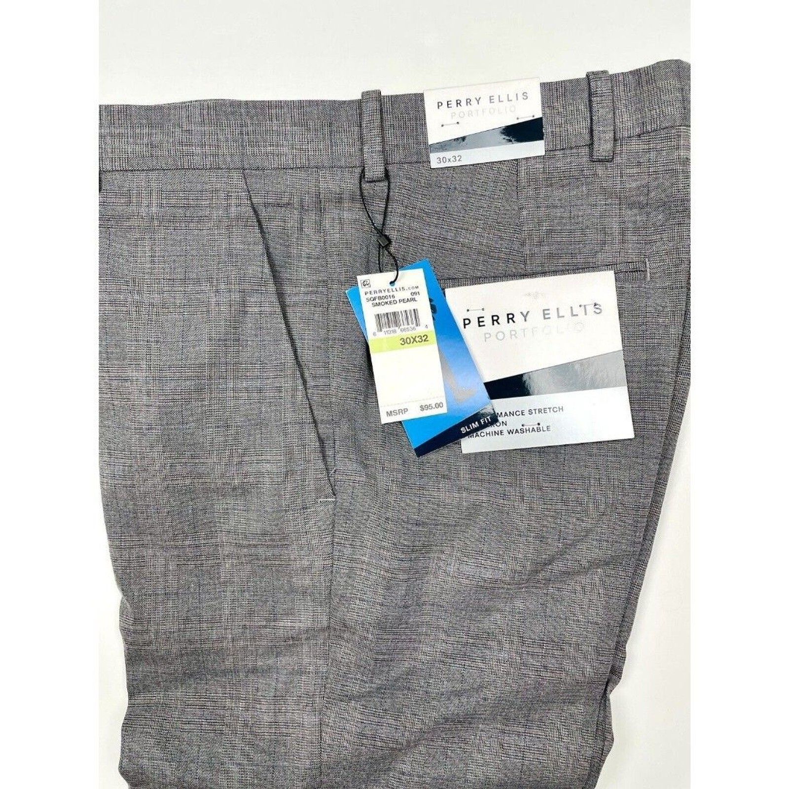 Perry Ellis Portfolio Men’s Gray Slim-Fit Smoked Pearl Plaid Dress Pants 30×32