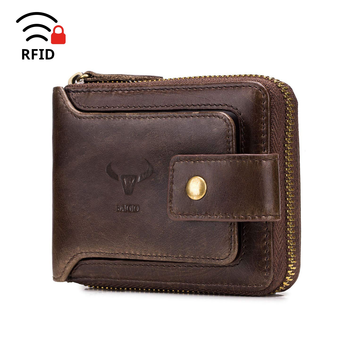 Mens Genuine Leather Bifold Wallet Around Zipper Credit ID RFID Card Holder US