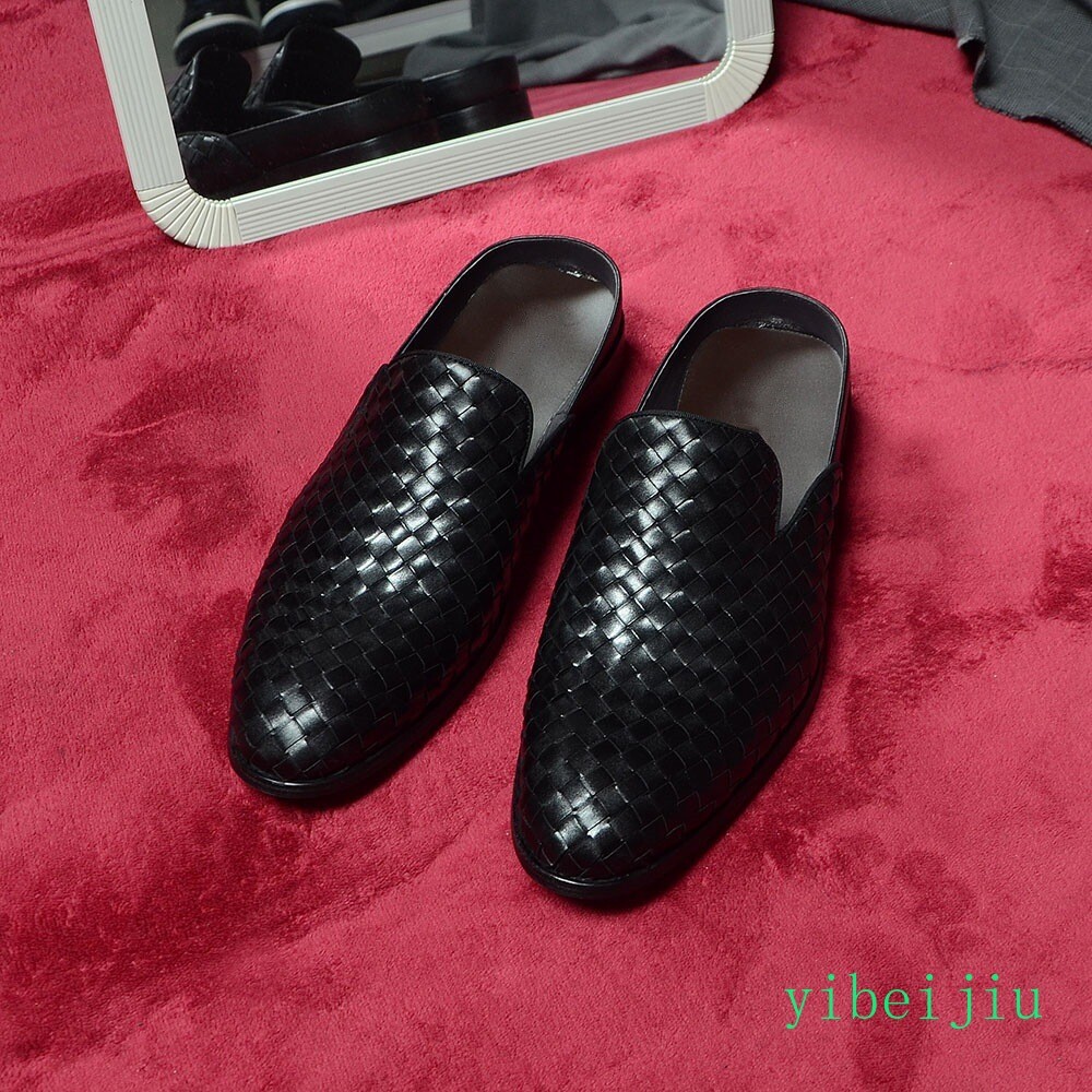 2026 Mens Real Leather Weave Woven Slipper Dress Slide Shoes Slip On Sandals Man