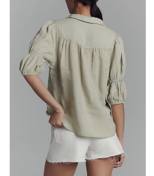 Pilcro Tallulah Double Puff Sleeve Linen Blouse 1/2 Button Mint Womens M