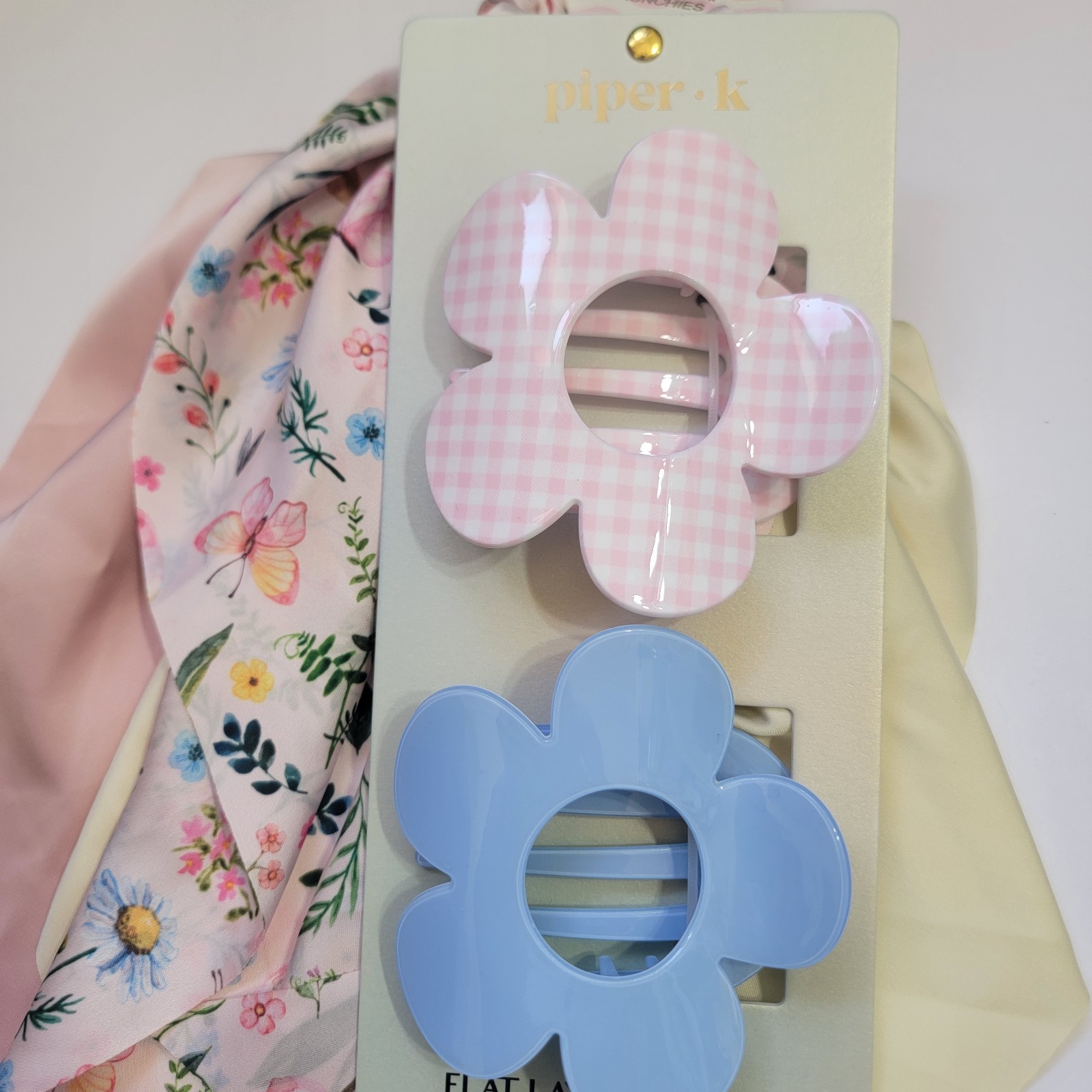 Piper K Butterfly Floral Scarf Scrunchies & Gingham Flat Hair Claw Clip 5 Set