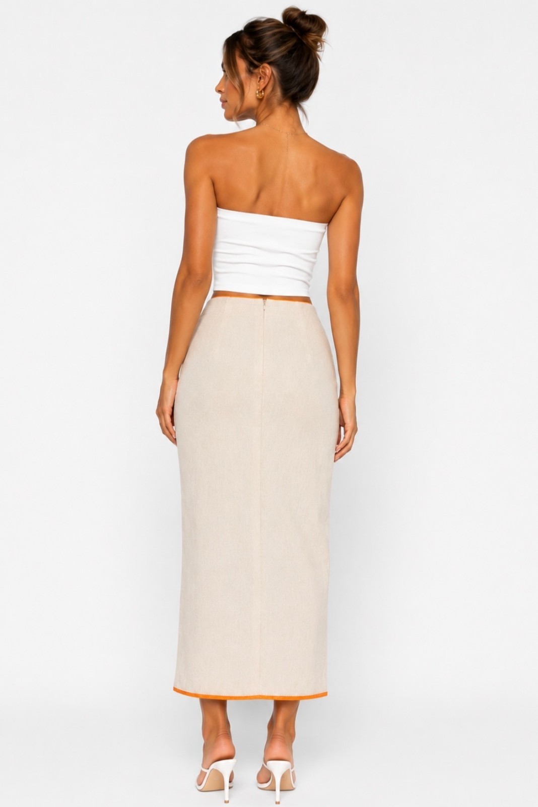 NEW Sheike Linen Blend Midi Skirt Natural Beige & Orange Trim Front Split Size 6
