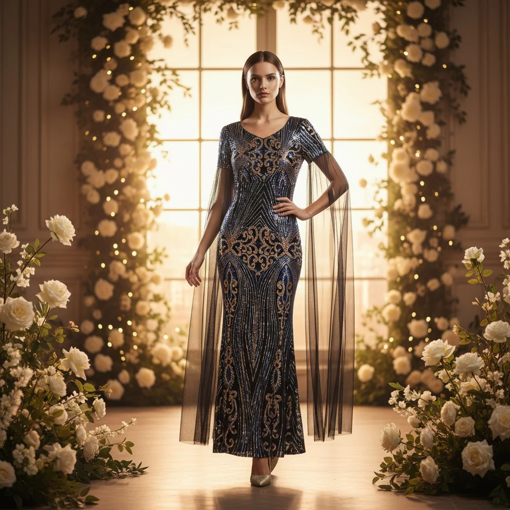 Celestial Glamour: Evening Gown with Mystical Flow