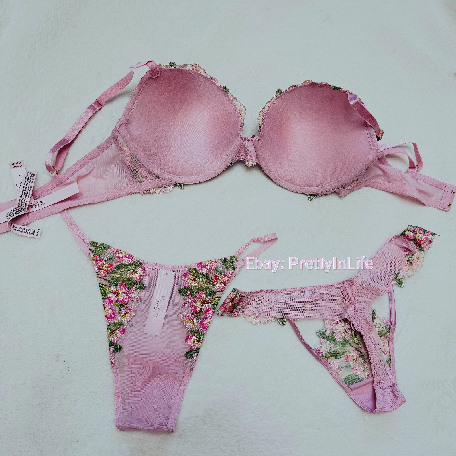 Victoria’s Secret Dream Angels Push Up bra set embroidery Lily floral pink rose