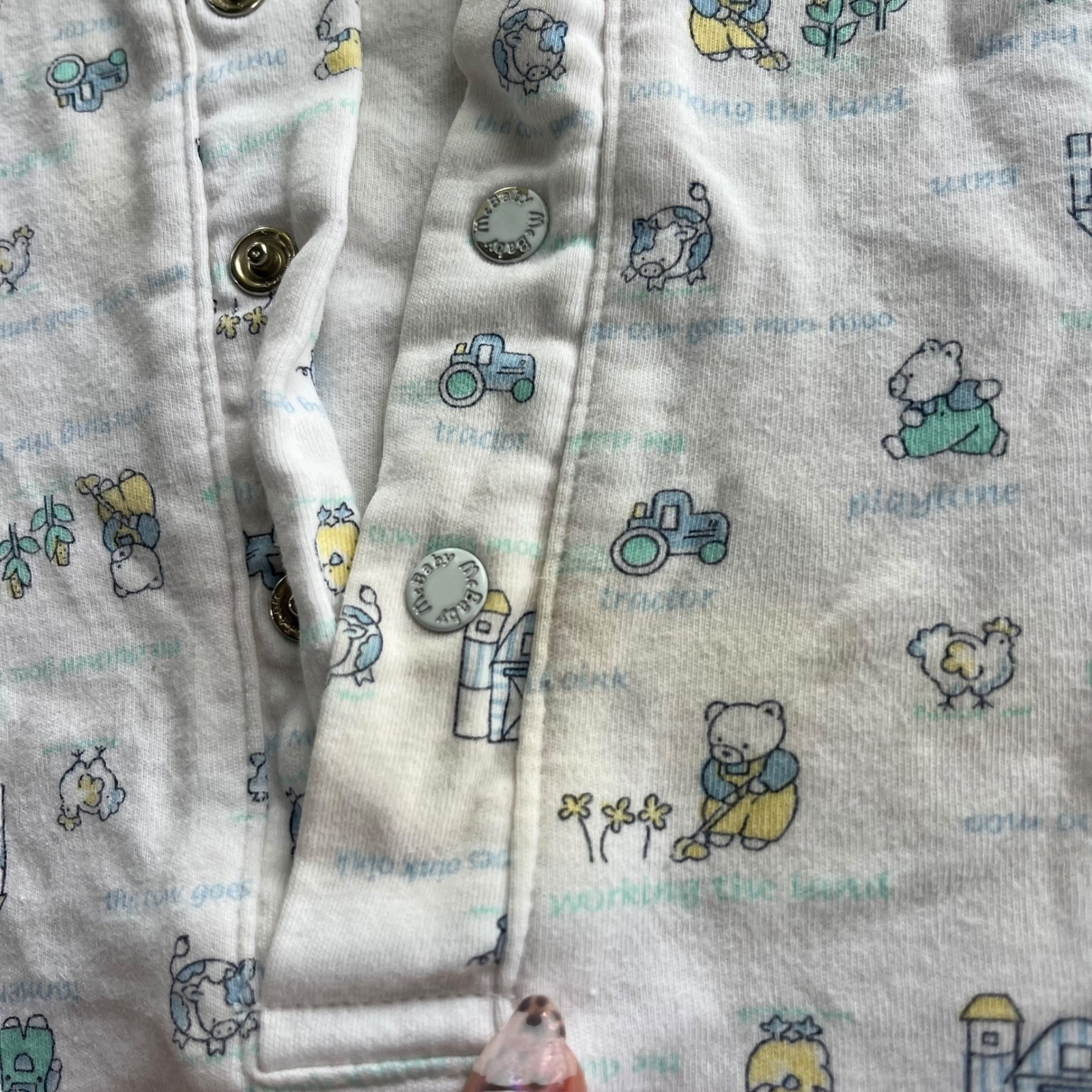 McBaby 6-9 M White Blue Farmer Bear Animal Tractor Print Romper Jumpsuit Vintage