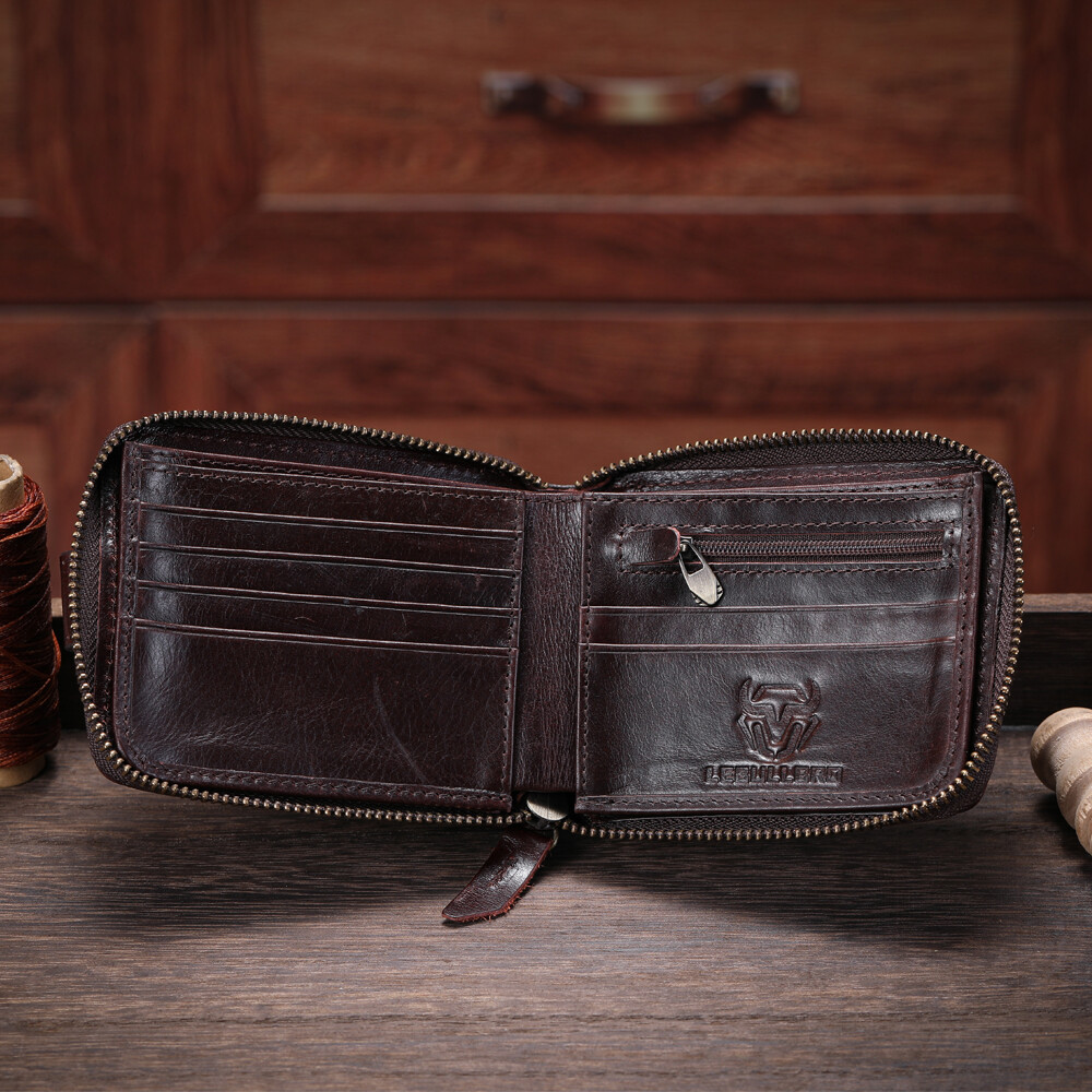 Mens Genuine Leather Zipper Wallet RFID Blocking Bifold Zip Around Card Holder