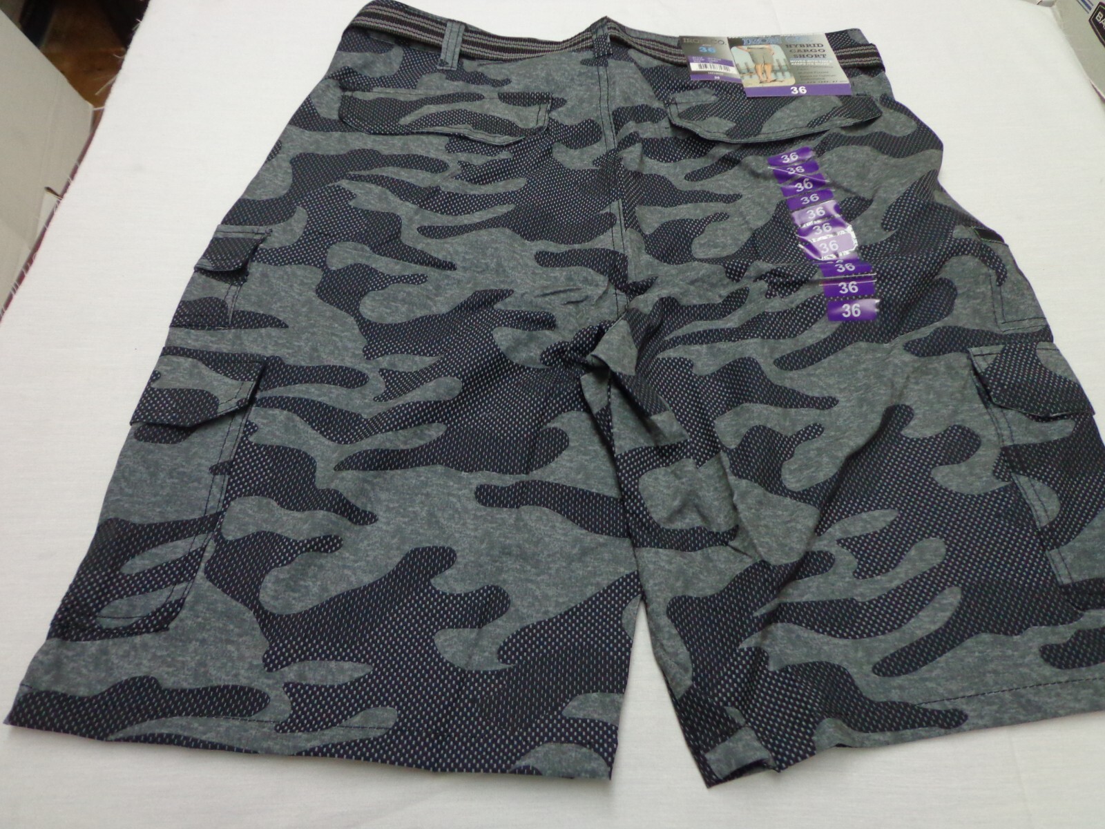 Iron Co Belted Stretch Performance Hybrid Cargo Shorts Gray Camo Size 36