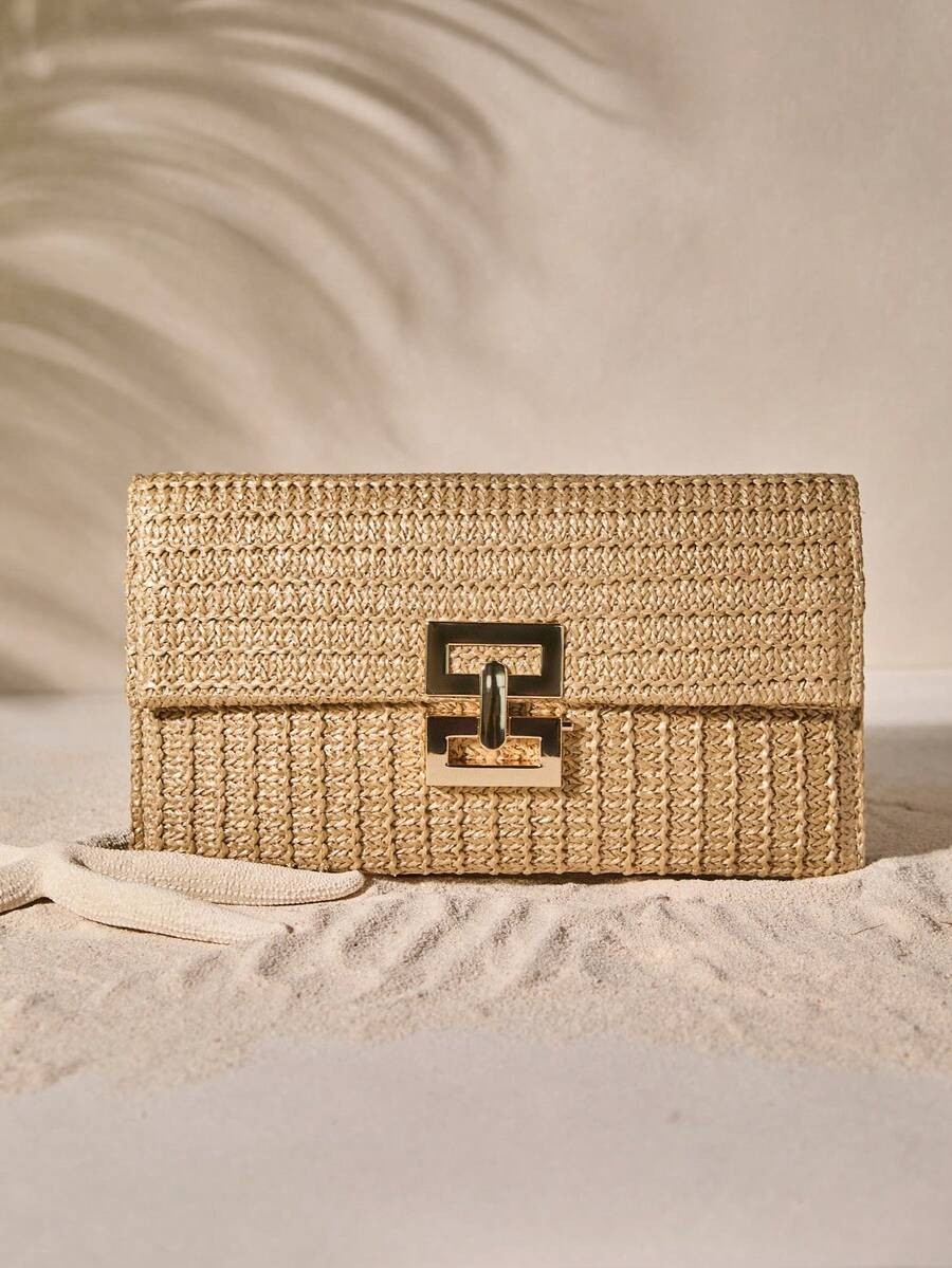 Woven Straw Flap Clutch Bag Medium Turn-Lock Chain Shoulder Purse Vacation