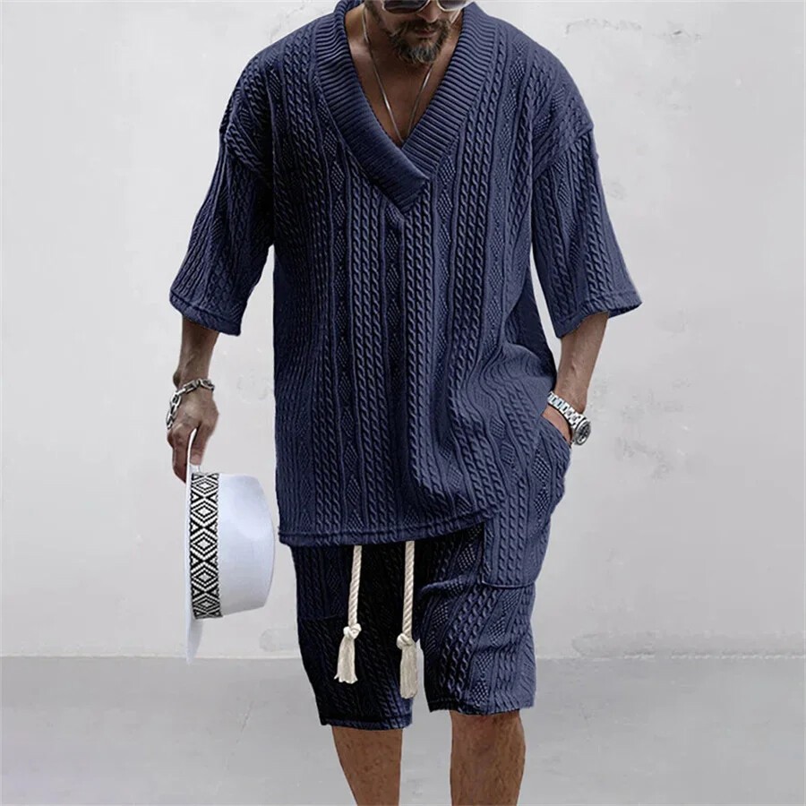 Men’s 2 Piece Knitted Set Summer Rolled Sleeve Short sleeve Shirt and Shorts Set