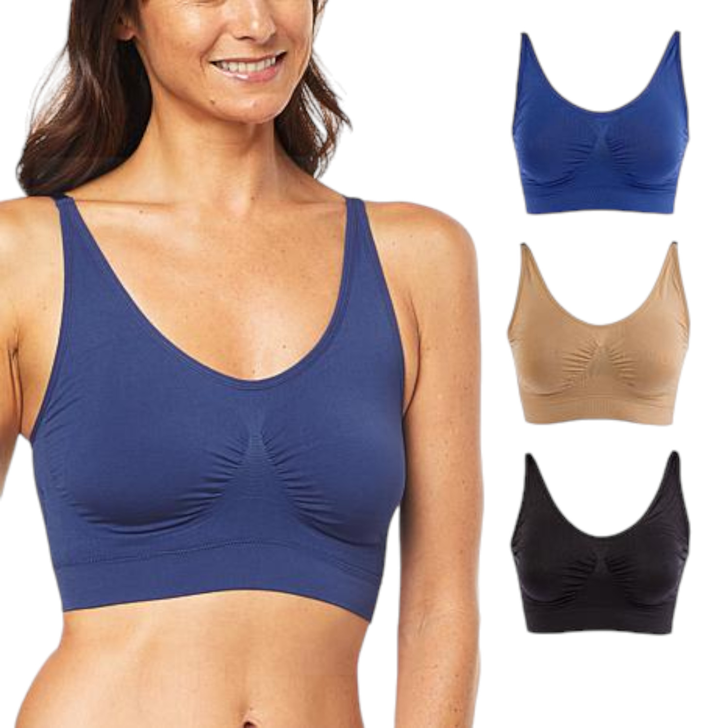 Rhonda Shear 3-pack Ahh Bra Removable Pads Adjustable Strap Blk/Beige