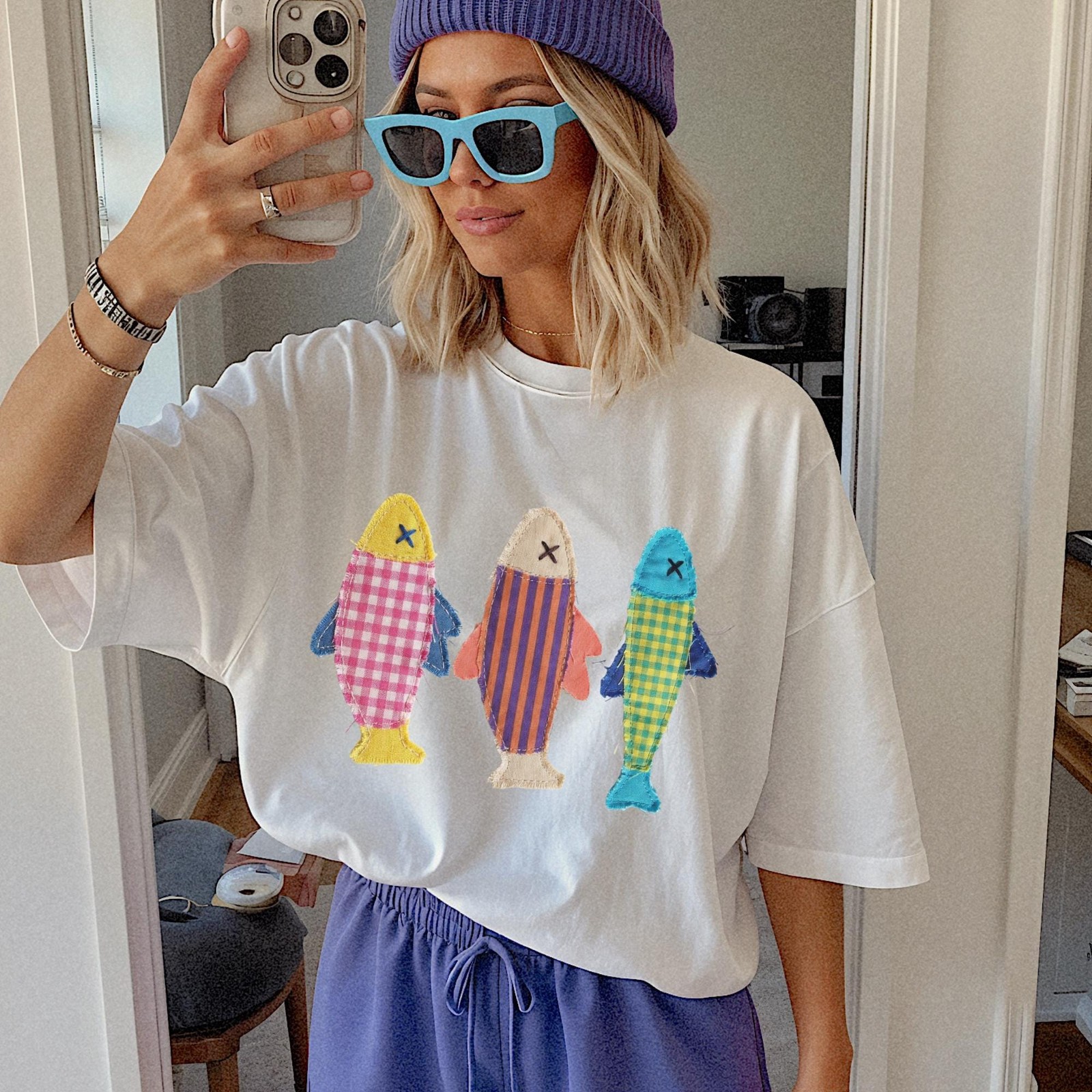 Summer Fish Graphic Tee, Printed Patchwork Sardine Beach Shirt Unisex