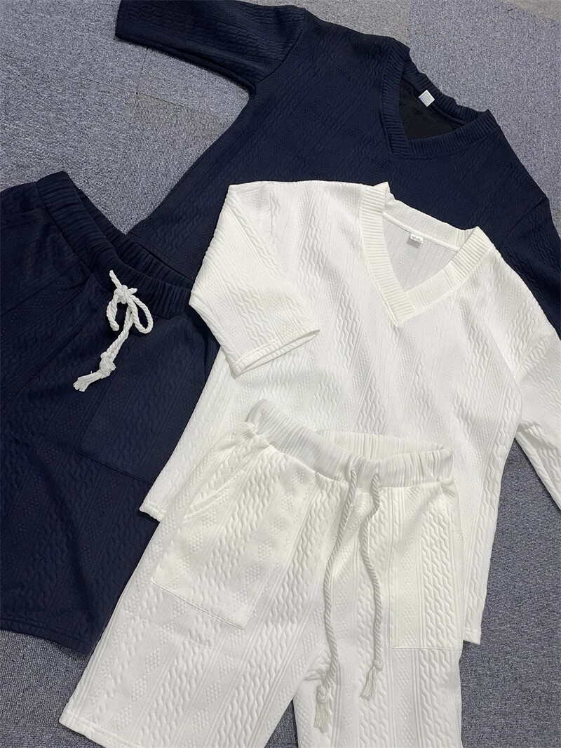 Men’s 2 Piece Knitted Set Summer Rolled Sleeve Short sleeve Shirt and Shorts Set