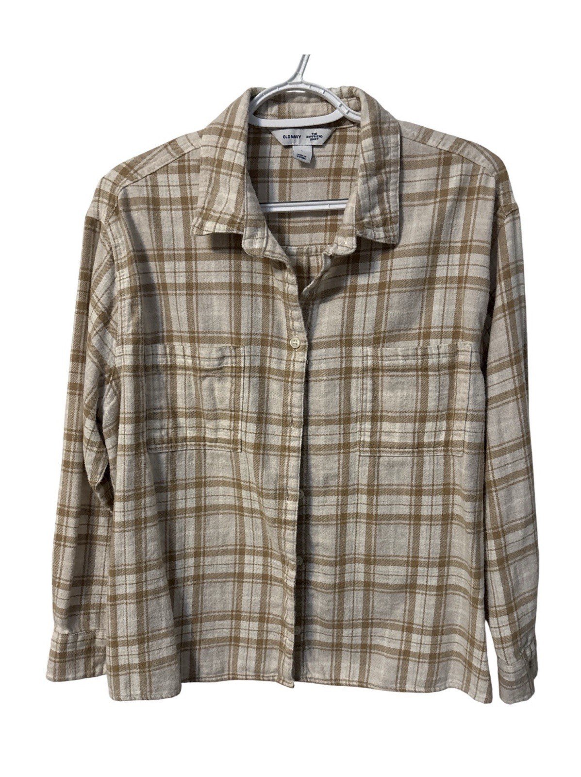 Old Navy Boyfriend Shirt Womens L Relaxed Plaid Flannel Button-Up Beige/White