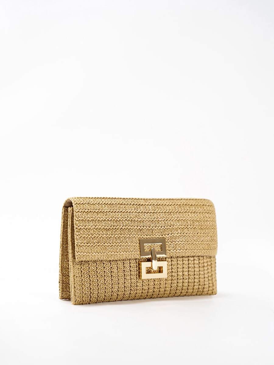 Woven Straw Flap Clutch Bag Medium Turn-Lock Chain Shoulder Purse Vacation