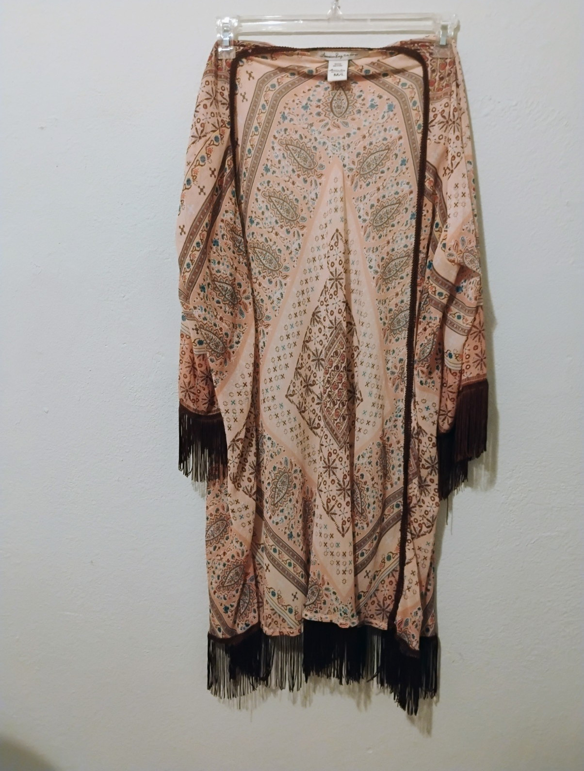 American Rag CIE Womens Paisley Fringe Kimono Shawl/Wrap Pink Brown Blue