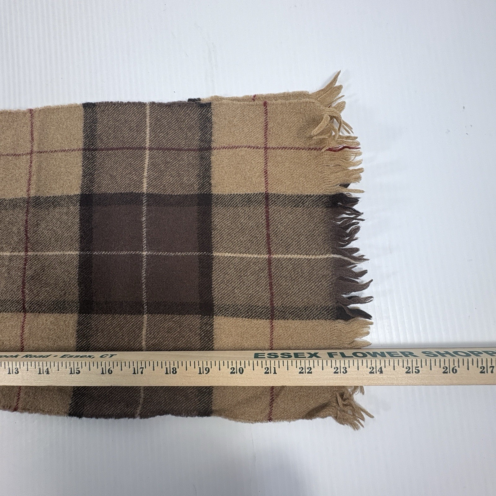 Plaid Wool Scarf Unisex 48 inches x 10 inches Tan Beige White Black Red Fringe