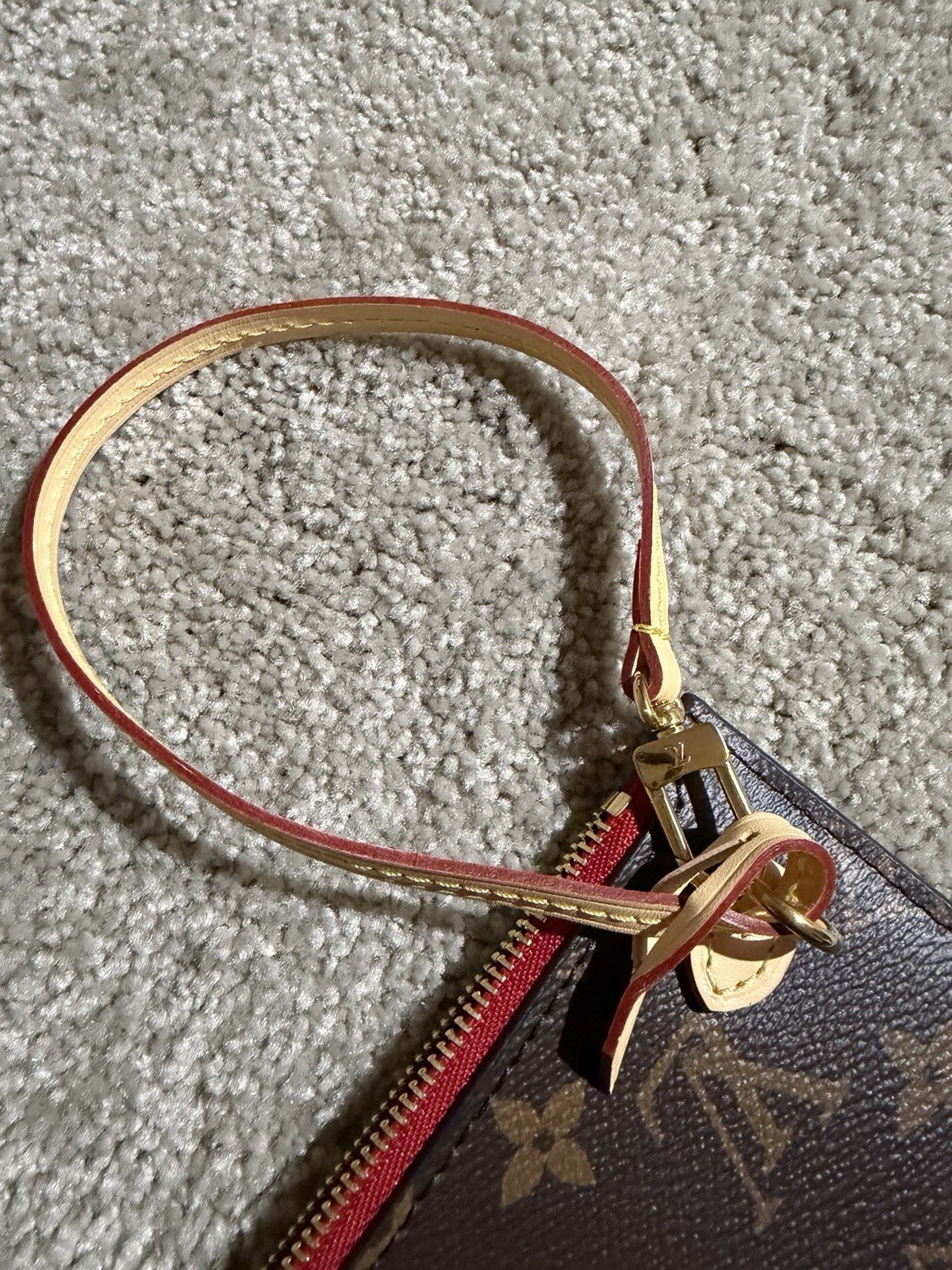 Louis Vuitton Monogram Wristlet Zip Pouch Brown/Red Lined Gold Hardware