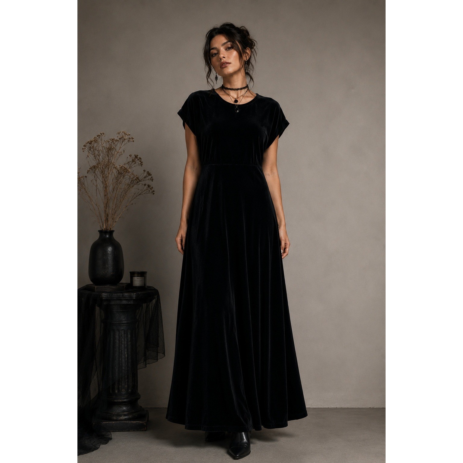 90s Goth Black Velvet Maxi Dress Empire Waist Minimalist 10 Medium