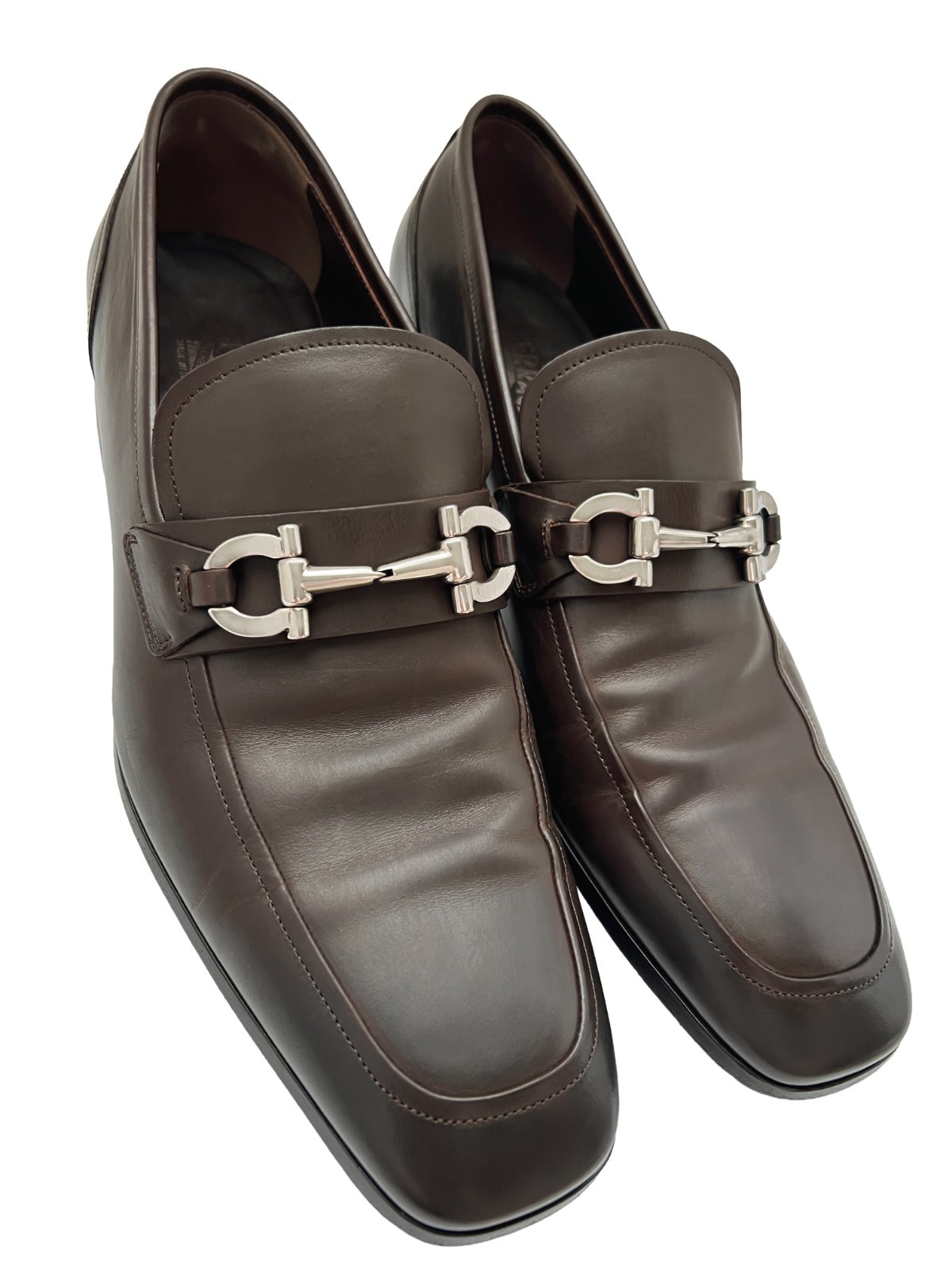 $1050 Ferragamo Mens LORENZO Brown Shoes Gancini Silver Bit Loafers 11.5 D