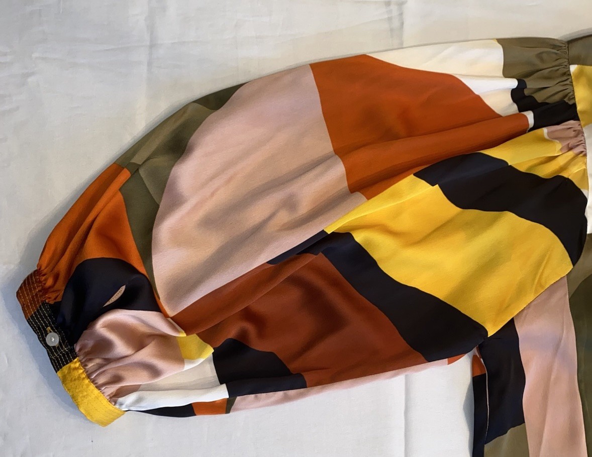 KARL LAGERFELD PARIS Women’s L Multicolor Geometric Button Blouse Balloon Sleeve