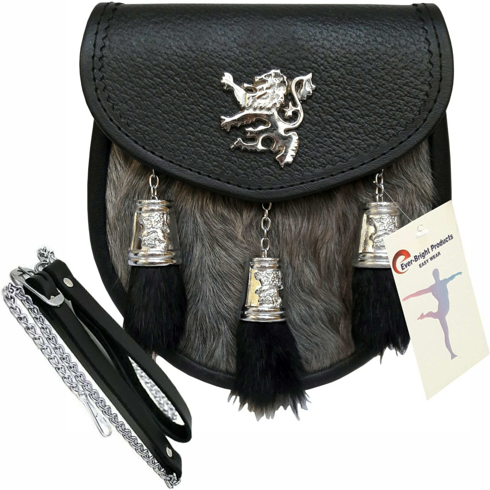 Scottish Kilt Semi Dress Grey Goat Sporran with Rampant Lion & Tassels Caps