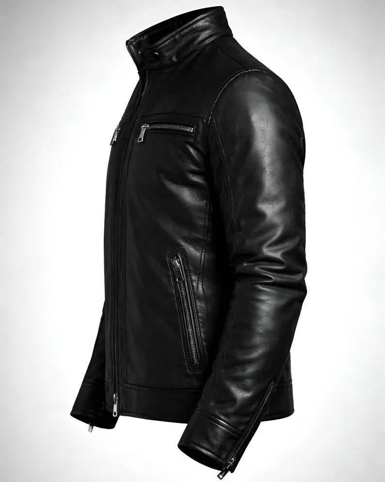 Men’s Black Leather Jacket Motorcycle Biker Zip Up Casual Slim Fit Coat