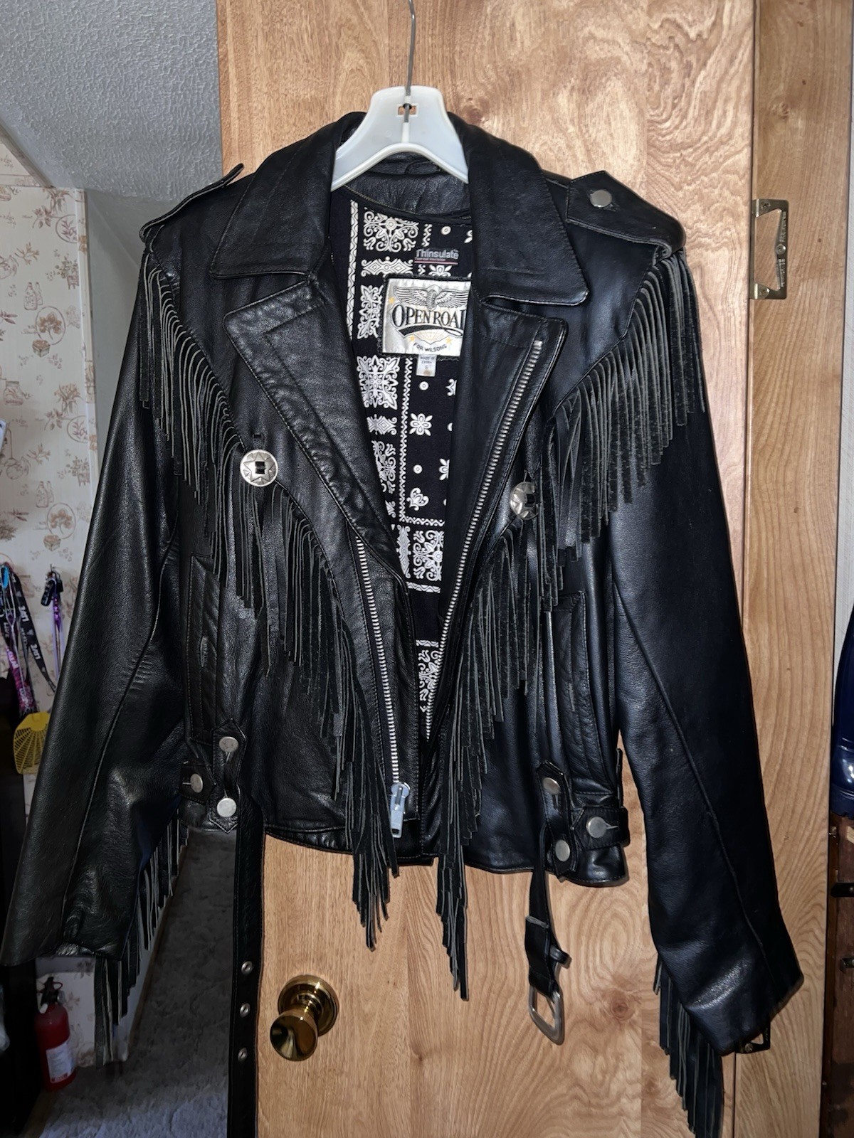 Open Road Women’s Black Leather Fringe Zip Biker Jacket Thinsulate Lined